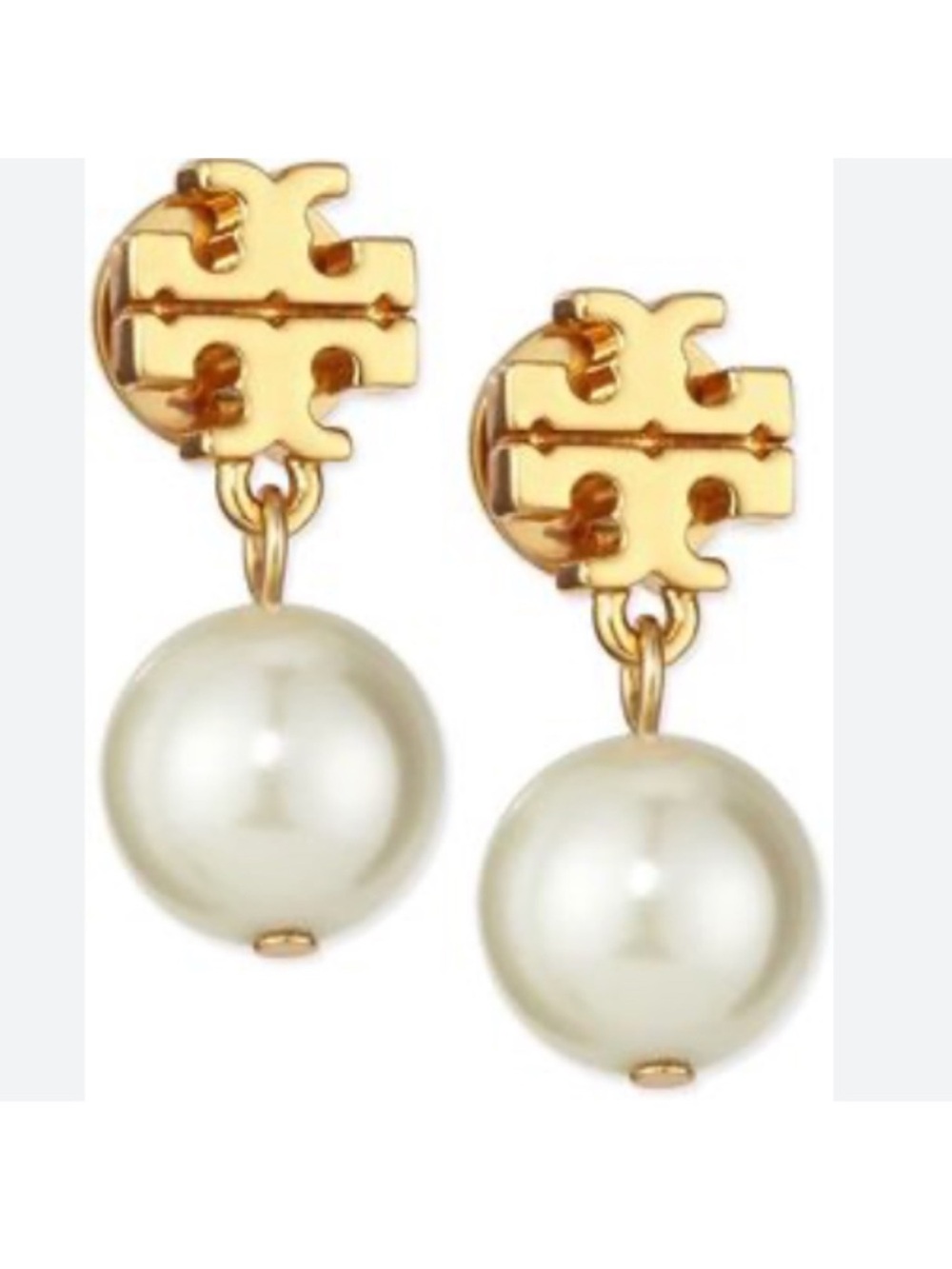 Tory Burch Gold Logo Pearl Drop Earrings - White Pearls